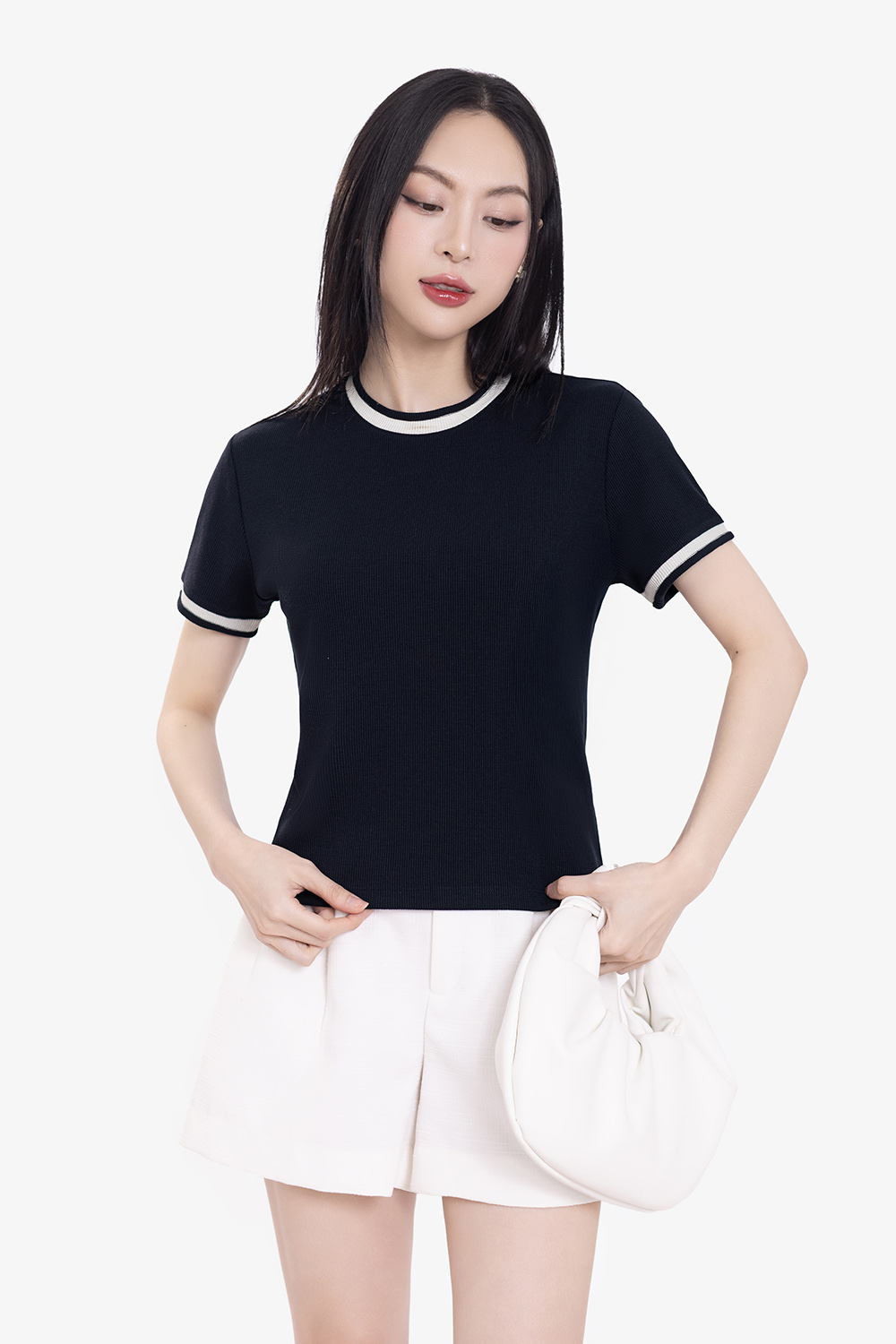 Áo thun gân cotton màu xanh đen viền trắng