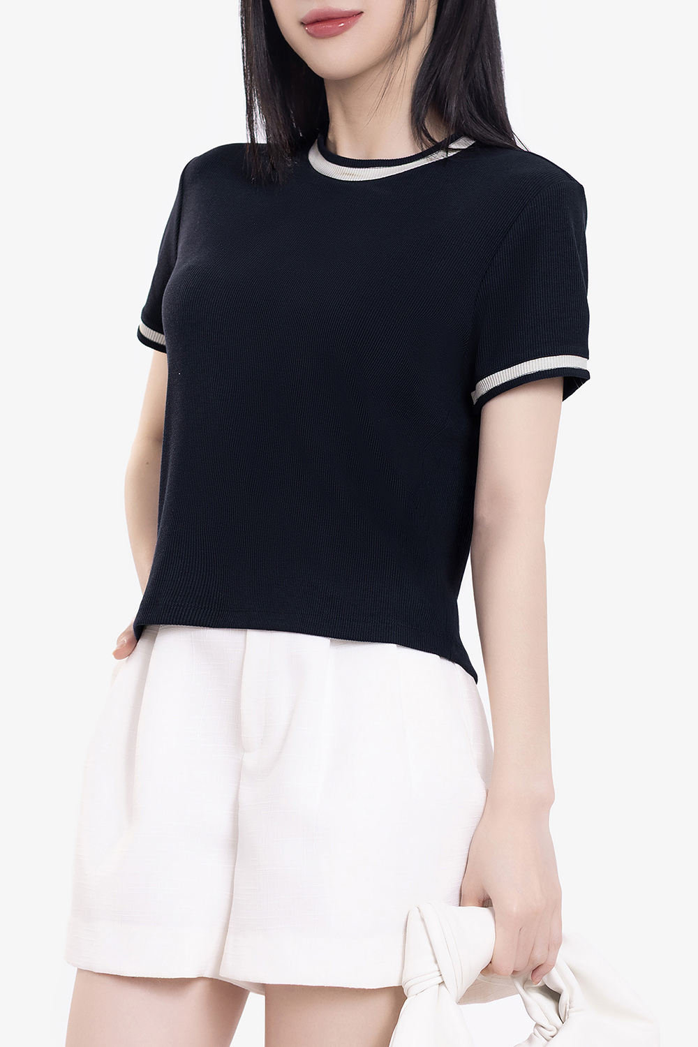 Áo thun gân cotton màu xanh đen viền trắng