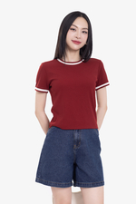 Áo thun gân cotton màu đỏ viền trắng