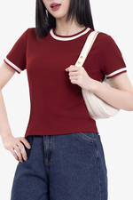 Áo thun gân cotton màu đỏ viền trắng