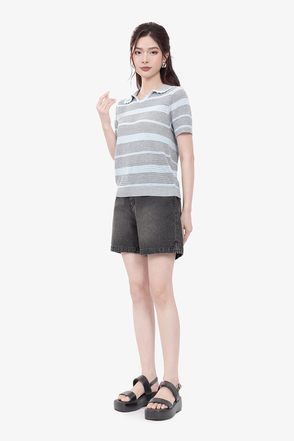 Áo len dệt kim tay ngắn sọc xám xanh