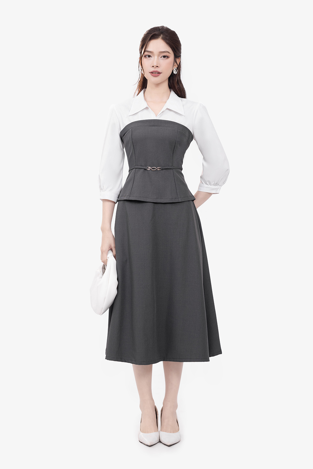 Chân váy xoè midi dáng dài màu xám