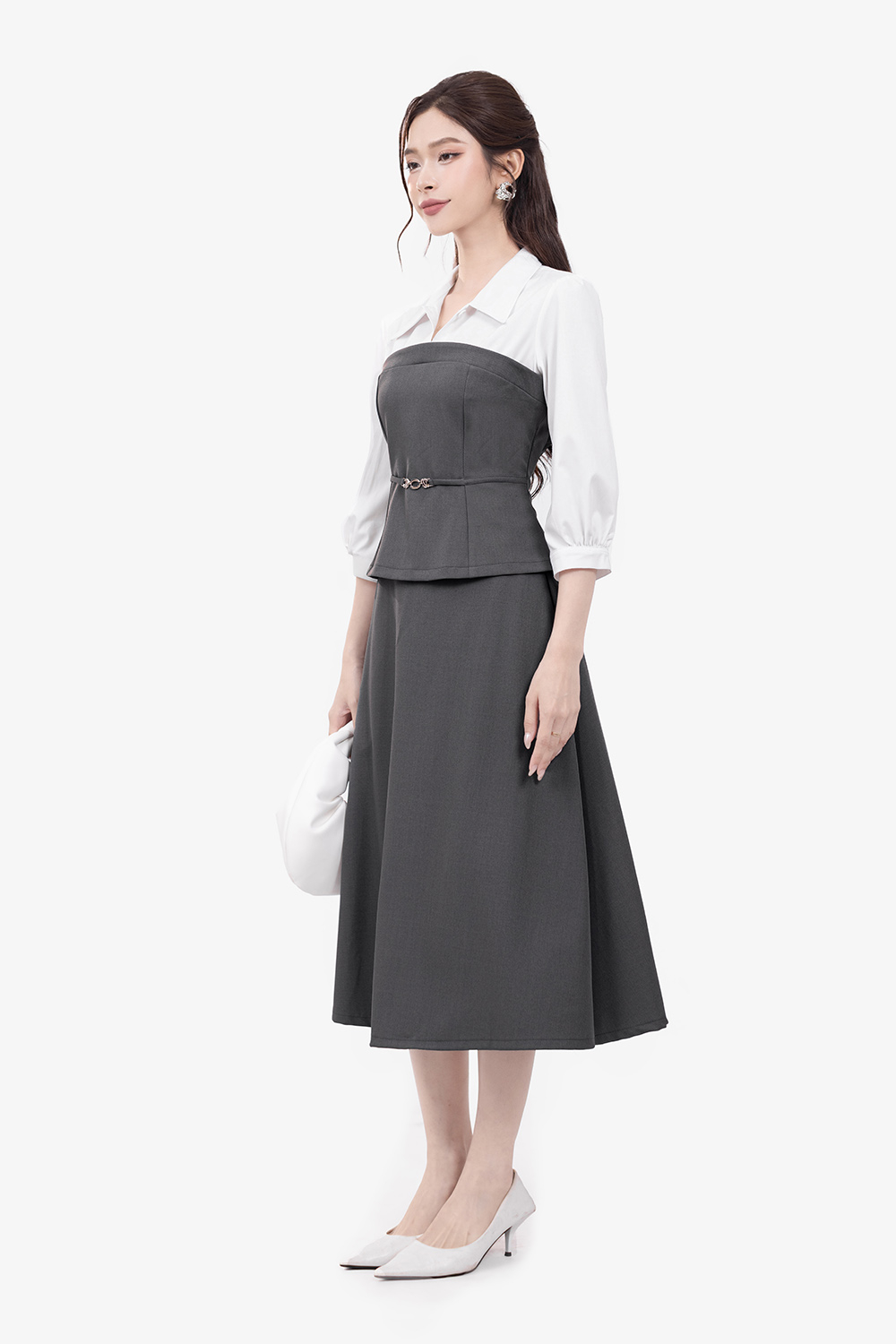 Chân váy xoè midi dáng dài màu xám