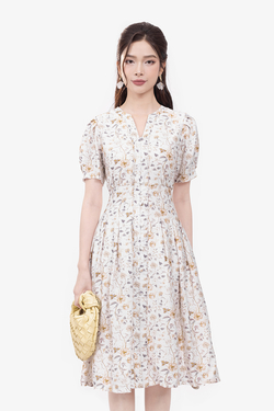 Đầm xòe họa tiết hoa phối nút