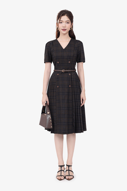 Đầm caro dáng xòe xếp ly phối nút