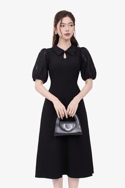 Đầm đen công sở dáng xòe cổ sơ mi