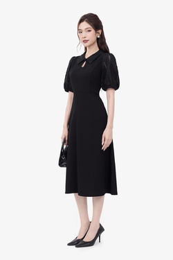 Đầm đen công sở dáng xòe cổ sơ mi