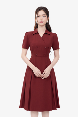 Đầm đỏ dáng xòe cổ sơ mi phối túi