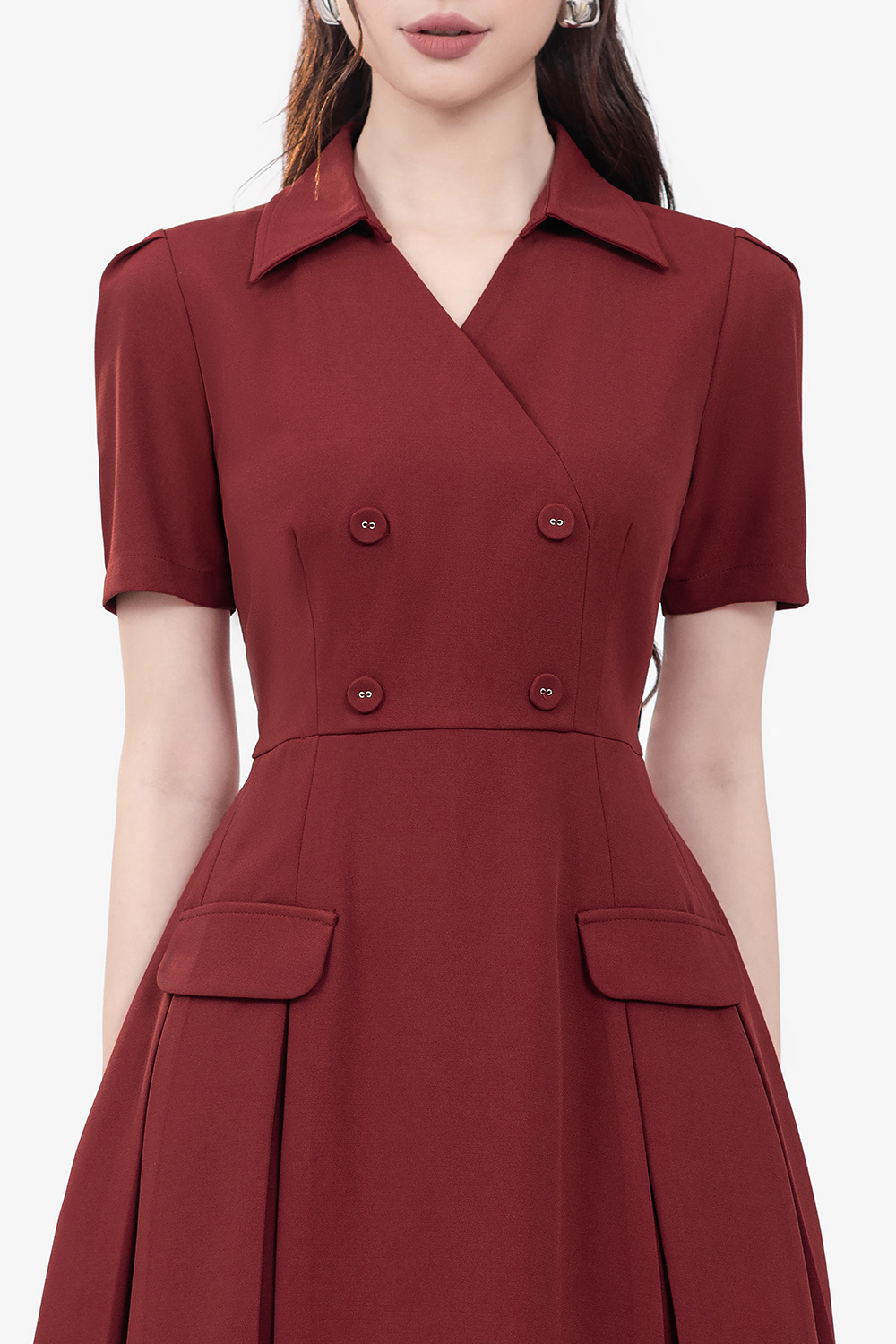 Đầm đỏ dáng xòe cổ sơ mi phối túi