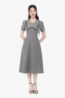 Đầm xòe công sở cổ sen nhọn viền đen