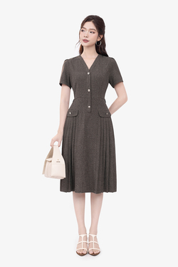 Đầm công sở màu nâu cổ V tùng xếp ly