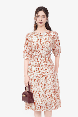 Đầm hoa nhí đỏ dáng chữ A thắt eo