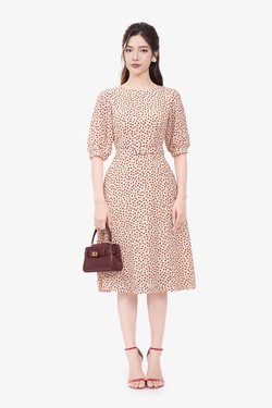 Đầm hoa nhí đỏ dáng chữ A thắt eo