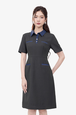 Đầm công sở màu xám phối xanh cổ sơ mi