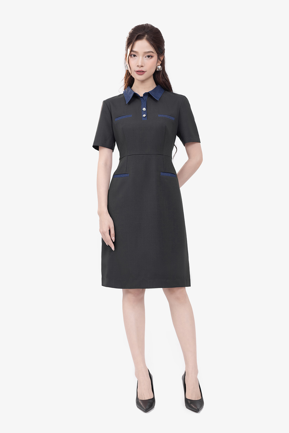Đầm công sở màu xám phối xanh cổ sơ mi