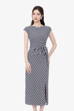 Đầm thun trắng sọc xanh đen thắt nơ eo