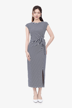 Đầm thun trắng sọc xanh đen thắt nơ eo