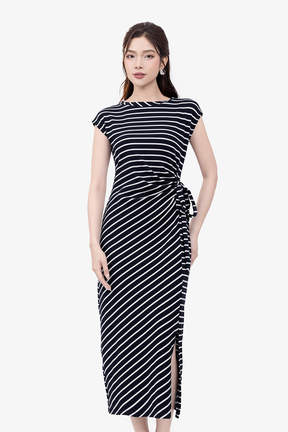 Đầm thun cotton sọc dáng ôm nhấn eo