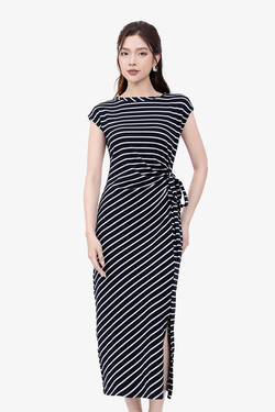 Đầm thun cotton sọc dáng ôm nhấn eo