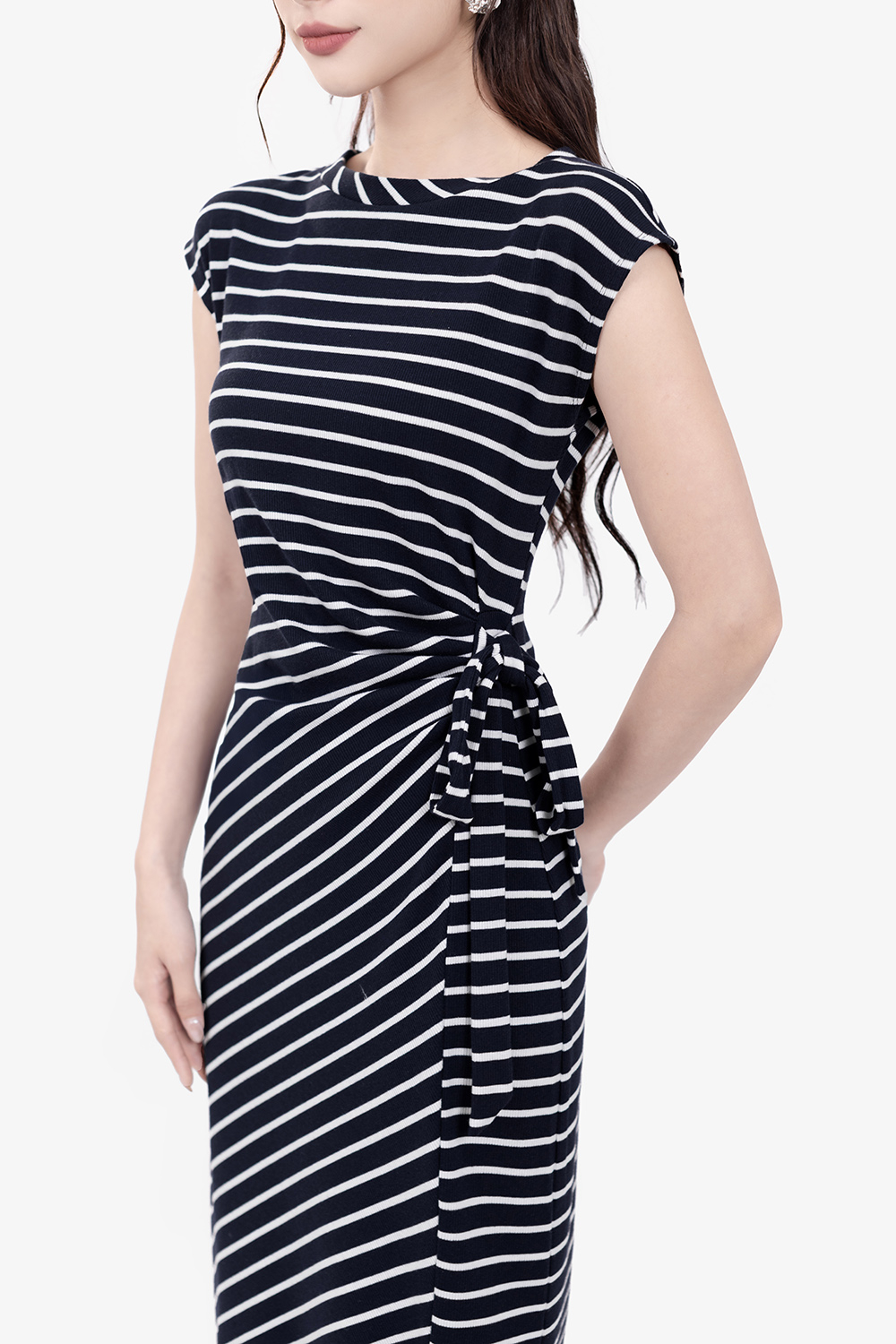 Đầm thun cotton sọc dáng ôm nhấn eo