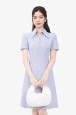 Đầm kẻ sọc xanh dáng chữ A cổ sơ mi