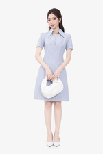 Đầm kẻ sọc xanh dáng chữ A cổ sơ mi
