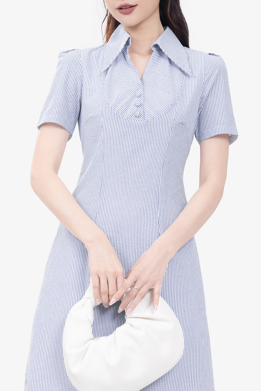 Đầm kẻ sọc xanh dáng chữ A cổ sơ mi