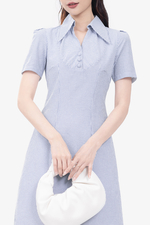 Đầm kẻ sọc xanh dáng chữ A cổ sơ mi