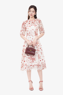 Đầm hoa dáng xòe tay phồng cổ phối nơ