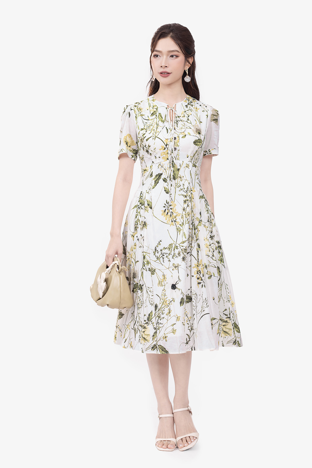 Đầm hoa dáng xoè dài phối nơ