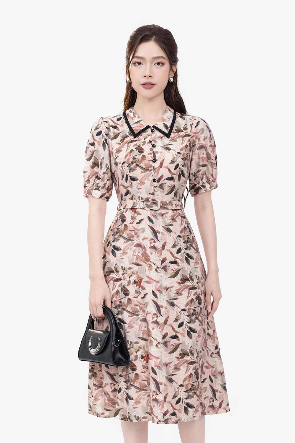 Đầm họa tiết chữ A cổ sơ mi phối nút