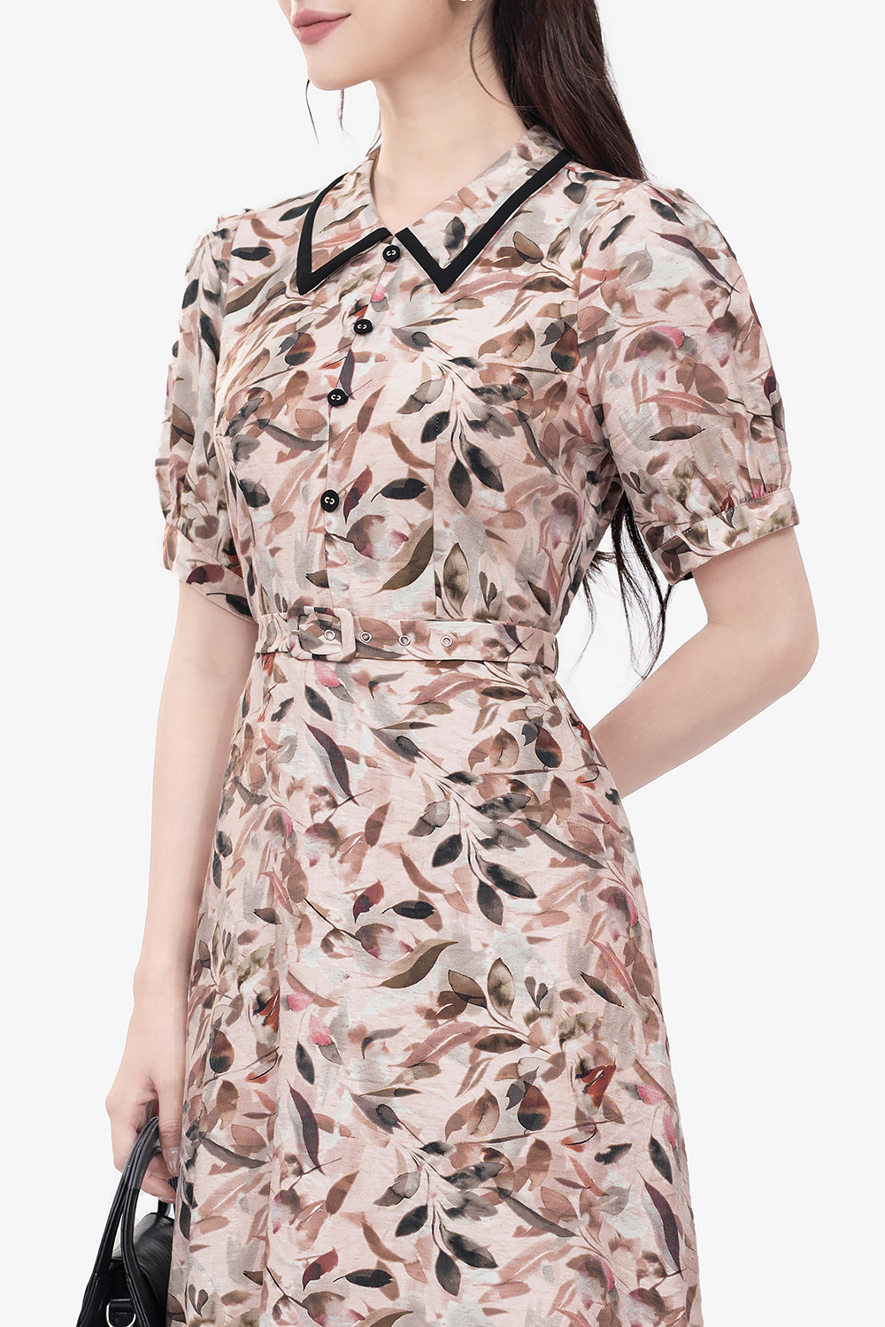 Đầm họa tiết chữ A cổ sơ mi phối nút