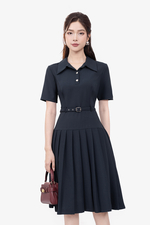 Đầm công sở xếp ly dáng xòe cổ sơ mi