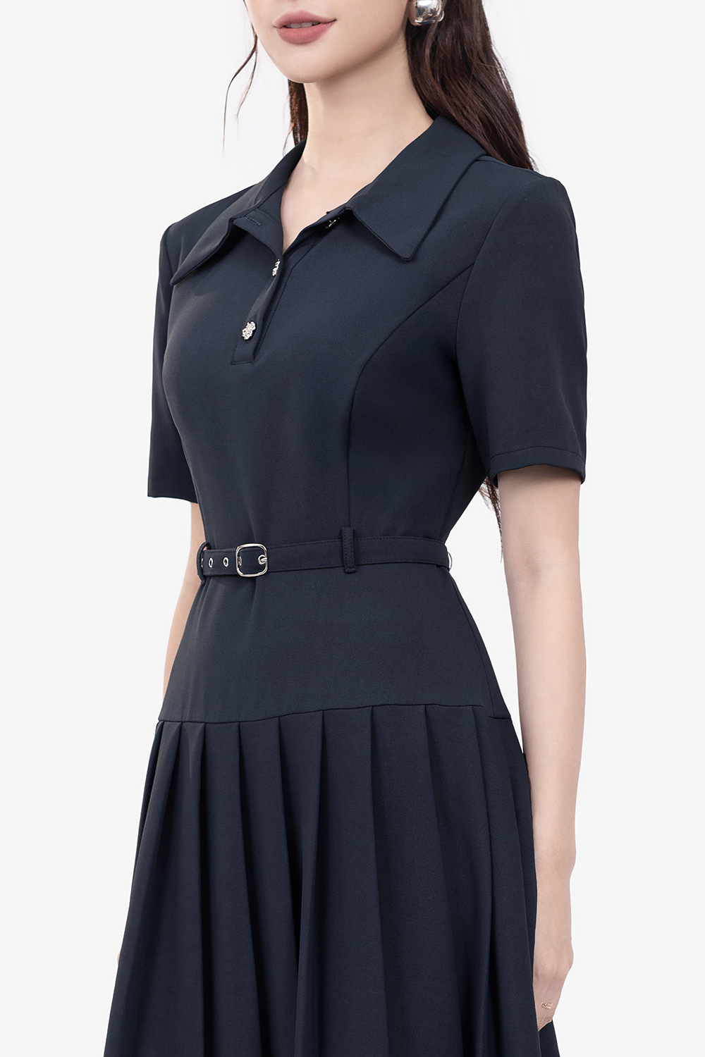 Đầm công sở xếp ly dáng xòe cổ sơ mi