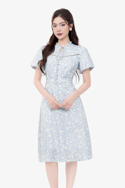 Đầm hoa xanh dáng xòe cổ phối nơ