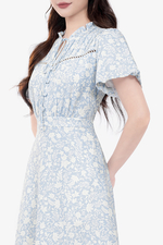 Đầm hoa xanh dáng xòe cổ phối nơ