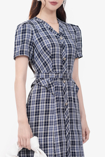 Đầm caro công sở cổ V kèm đai eo