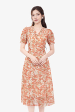 Đầm hoa cam dáng xòe tay ngắn cổ V