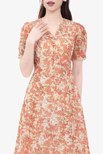 Đầm hoa cam dáng xòe tay ngắn cổ V