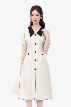 Đầm công sở chữ A cổ sen đen phối nút