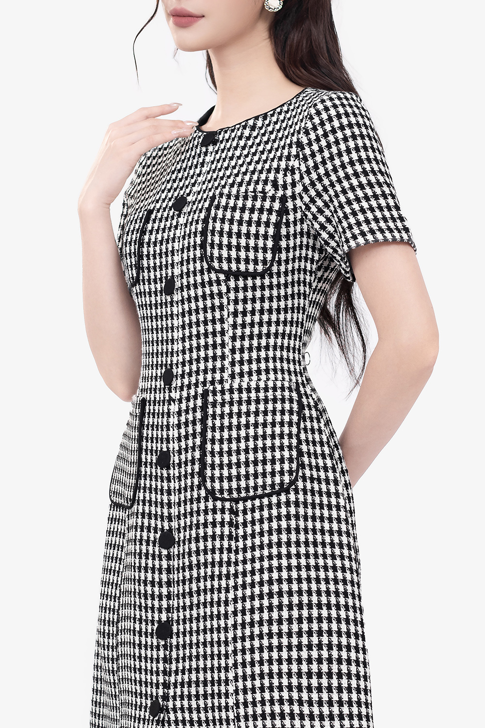 Đầm tweed dáng chữ A phối túi