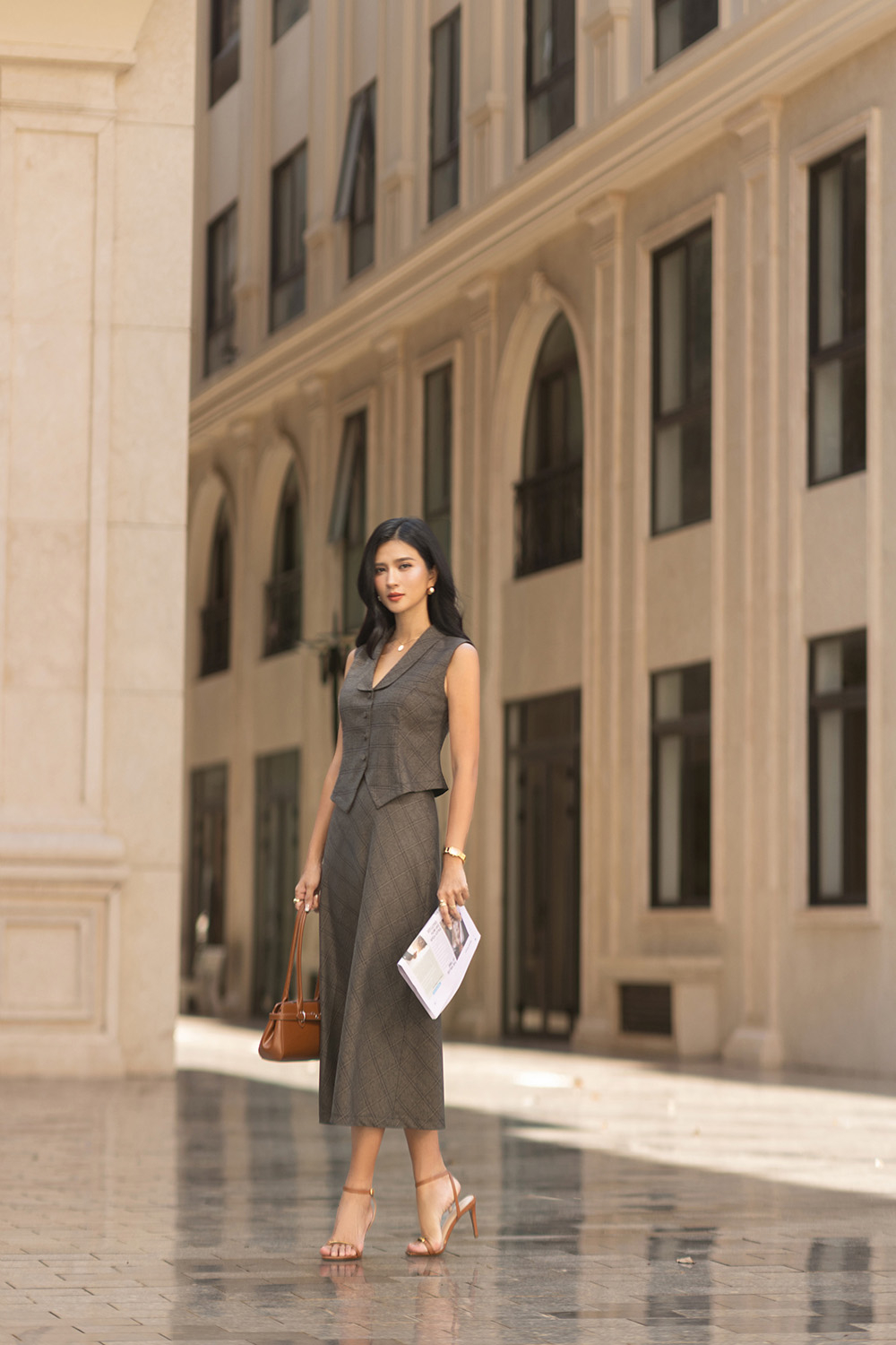 Áo kiểu gile nữ họa tiết caro