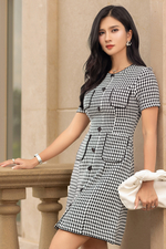 Đầm tweed dáng chữ A phối túi