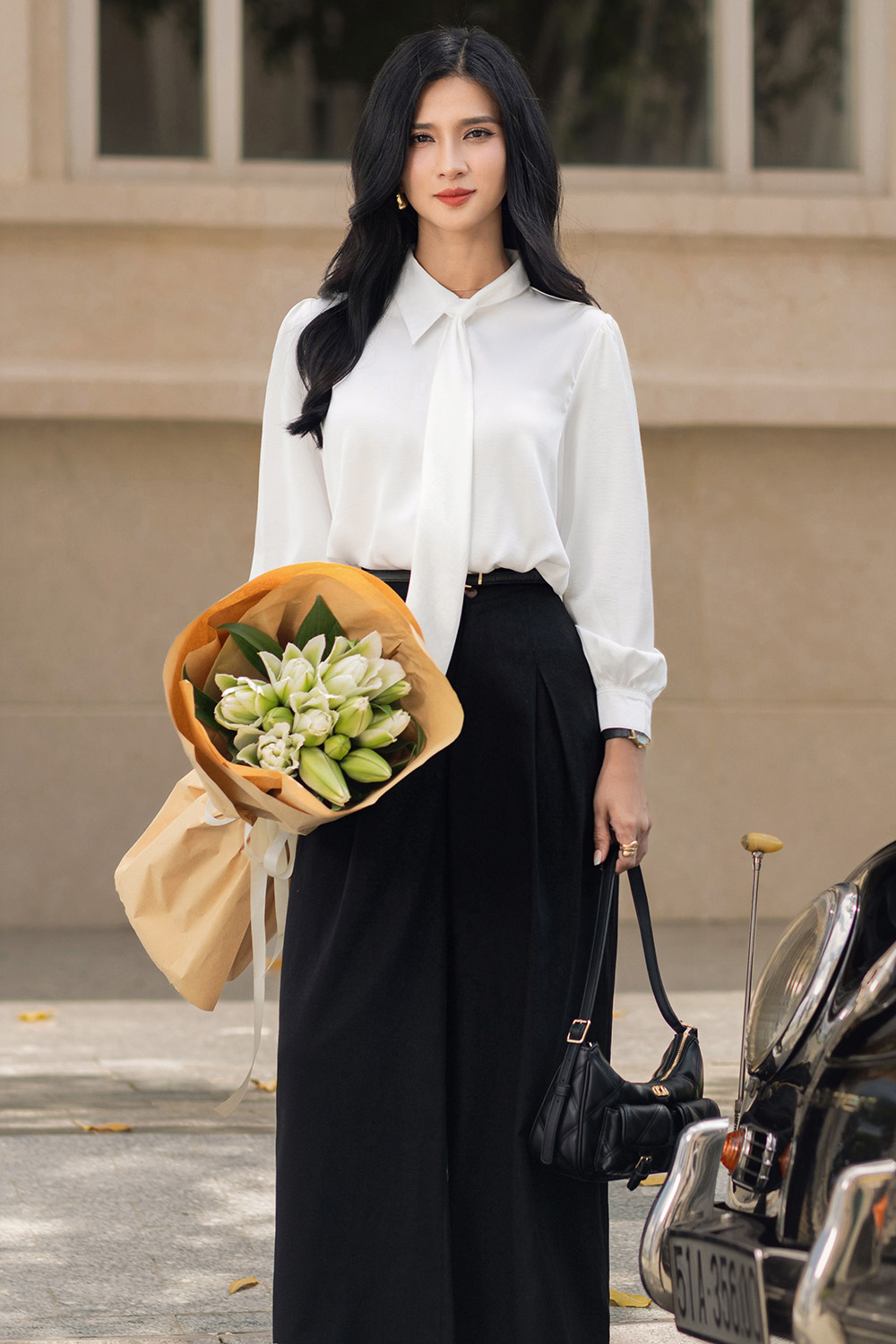 Quần công sở linen đen dáng suông