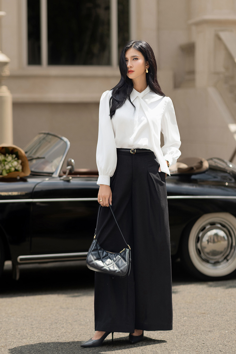 Quần công sở linen đen dáng suông