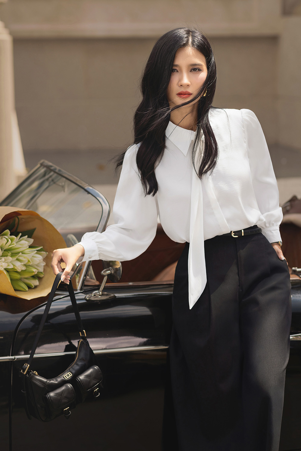 Quần công sở linen đen dáng suông