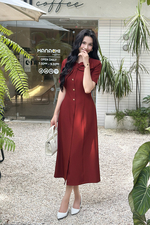 Đầm đỏ xòe dáng dài cổ phối nơ to