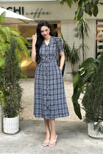 Đầm caro công sở cổ V kèm đai eo