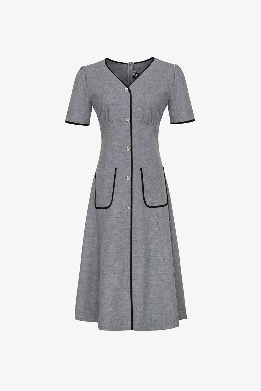 Đầm công sở cổ V phối túi viền đen