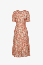 Đầm hoa cam dáng xòe tay ngắn cổ V